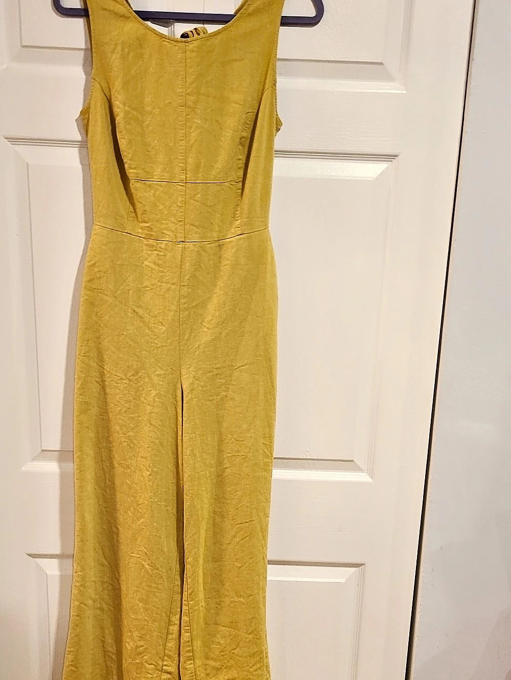 Eva Mendes Linen Open-Back Wide-Leg Jumpsuit Yellow